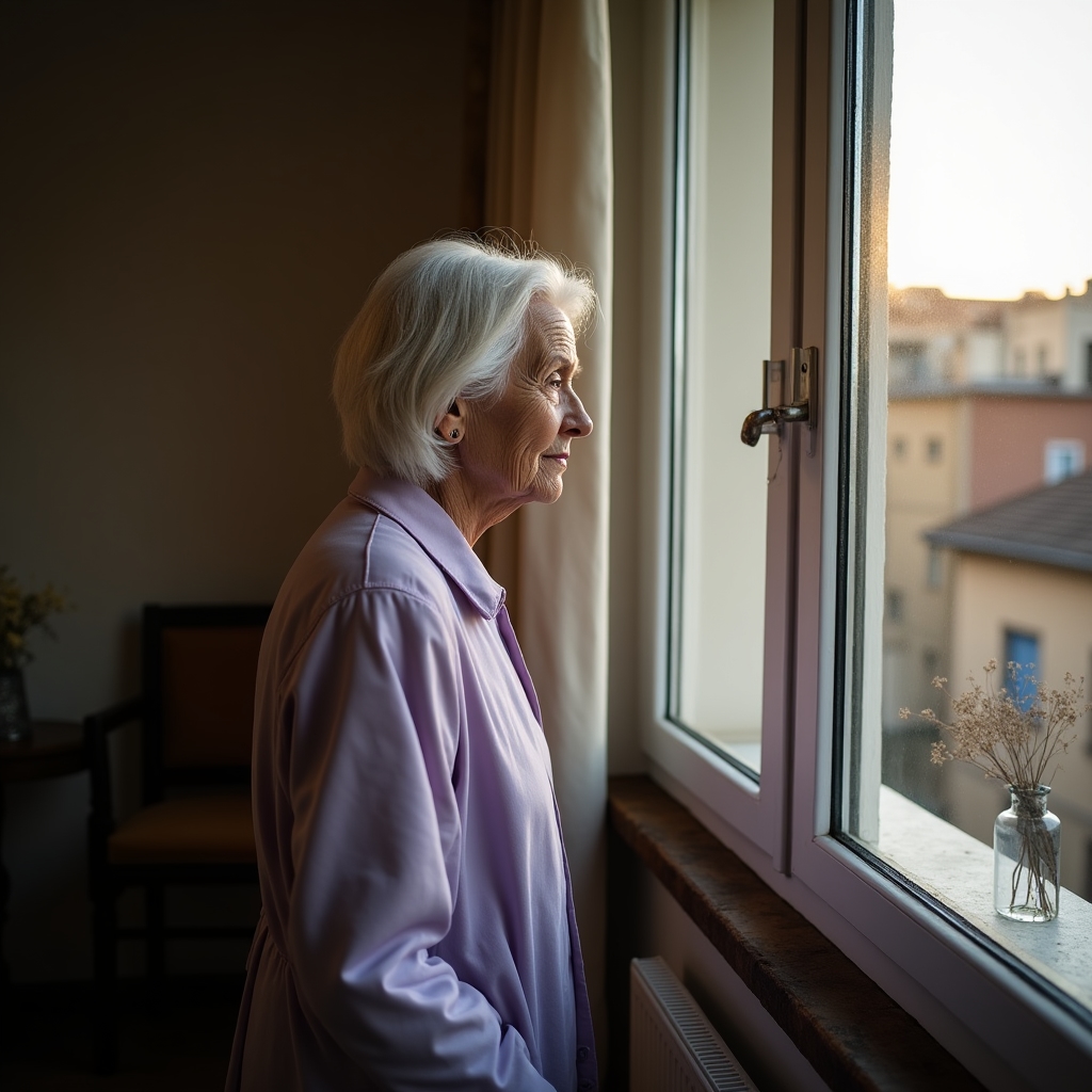 Anziana che guarda pensierosa dalla finestra di casa