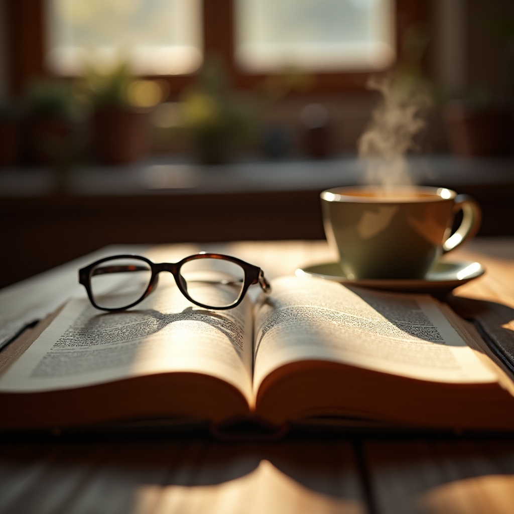 Libro aperto con luce calda sul tavolo di casa