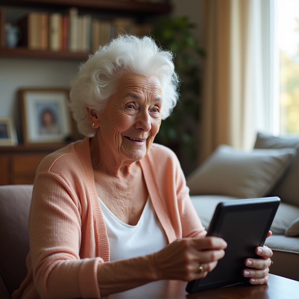 Anziana che guarda un tablet durante una sessione di lettura a distanza con espressione serena
